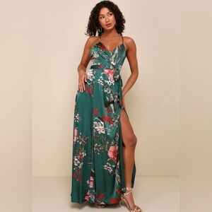 Lulu's Still The One Emerald Green Floral Satin Maxi Dress XS NWT